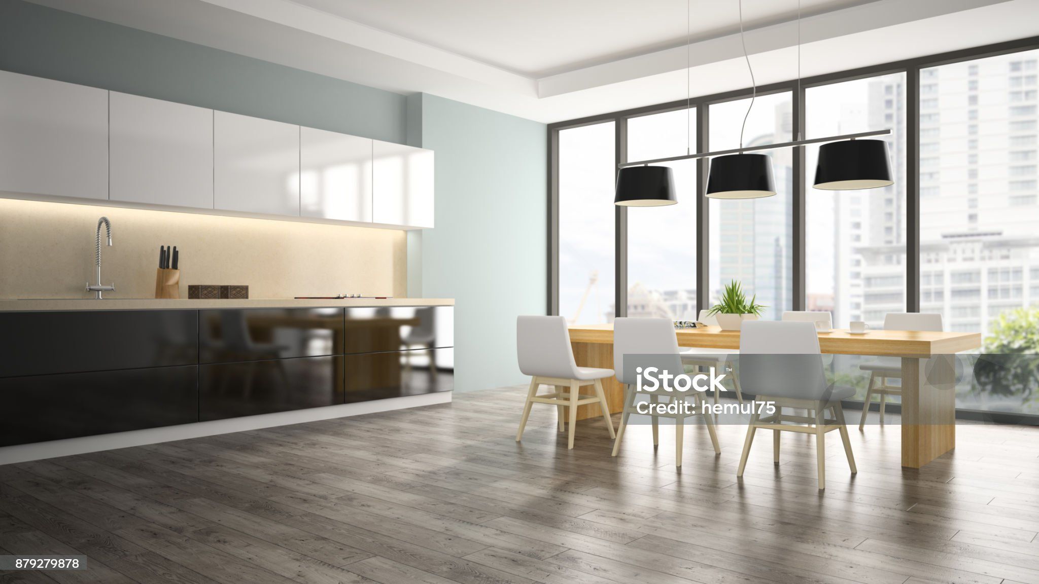 Part of interior dining room 3D rendering Sol vinyle résistant dans une cuisine contemporaine